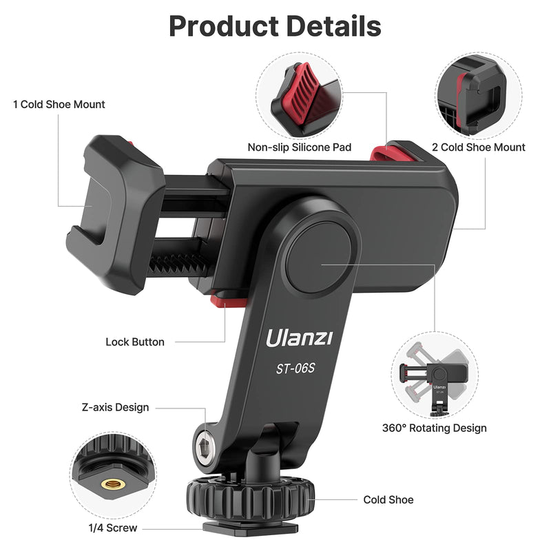  [AUSTRALIA] - ULANZI Phone Tripod Mount ST-06S, Universal Smartphone Mount Adapter with 2 Cold Shoe, 360° Rotates and Adjustable Cell Phone Clip Clamp Holder, Compatible with iPhone, Samsung Galaxy and All Phones…