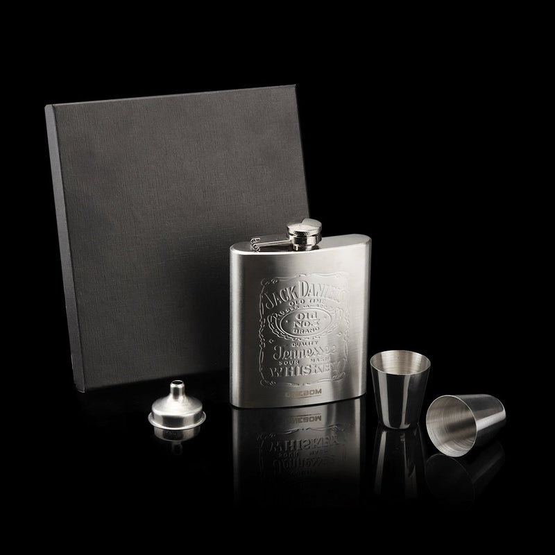  [AUSTRALIA] - OneBom Hip Flask 7oz, Engraved Flask with Funnel & Shot Glass Set, FDA 304 Stainless Steel, Brushed Leak Proof, Portable Pocket Size with Gift Box for Wine Lover (Stainless Steel)