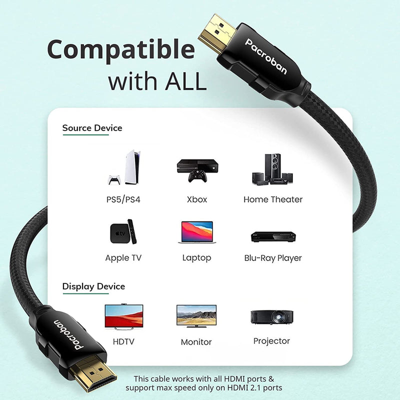  [AUSTRALIA] - Pacroban 8K HDMI 2.1 Braided Cable (30ft) CL3 Rated Supports 48Gbps Ultra High Speed, 10K 8K 5K 4K at 120Hz, 60Hz Dynamic HDR, Dolby Vision, Dolby Atmos, in-Wall Safe 1 30Ft