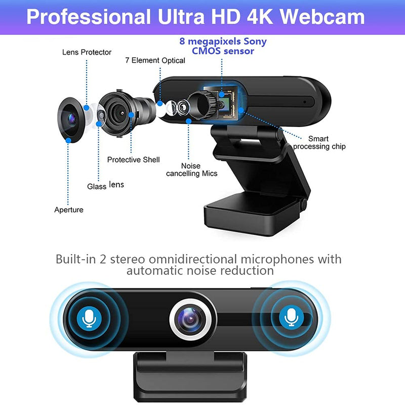  [AUSTRALIA] - 4K Webcam with Microphone,8 Megapixel Web Cam,Ultra HD Web Camera for Computers,Webcam for Laptop Desktop,USB Webcam with Privacy Cover,Pro Streaming Webcam for Video Calling