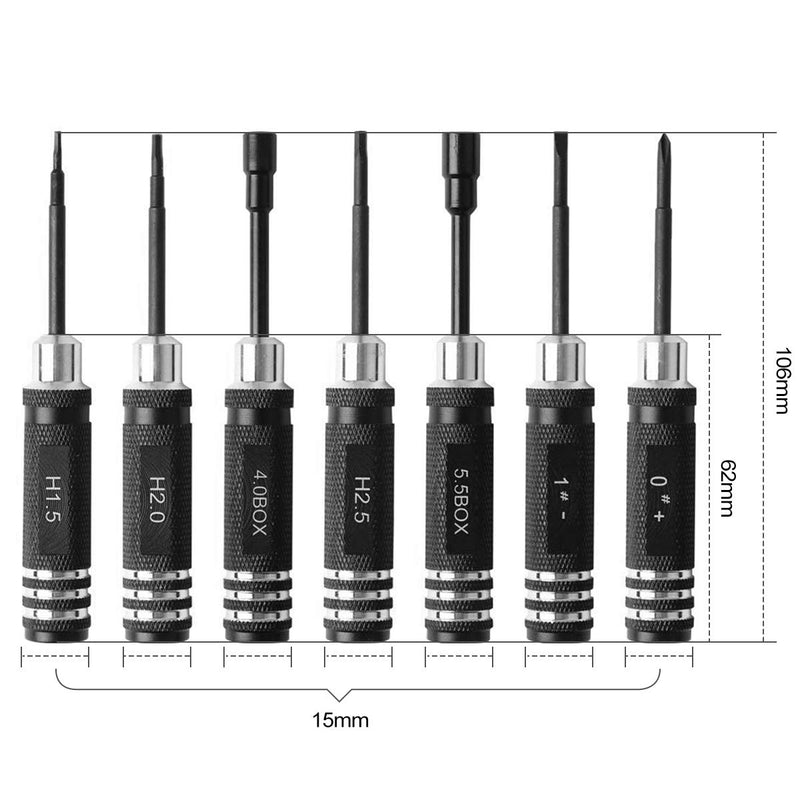  [AUSTRALIA] - 7 Pieces Hex Driver, Hex Screwdrivers RC Screwdriver Tools Kit (H1.5, H2.0, H2.5, 0"+, 1"-, 4.0 BOX, 5.0 BOX) High Speed Steel for RC Model, Robotics, Bench Work, Precision Engineering