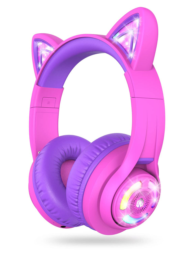  [AUSTRALIA] - iClever Cat Ear Kids Bluetooth Headphones RGB LED Light Up,45H Playtime, 74/85/94dB Volume Limited, Over Ear Foldable Wireless Kids Headphones with Microphone for iPad/Tablet/PC/TV Kids Teens, BTH13 Hot Pink