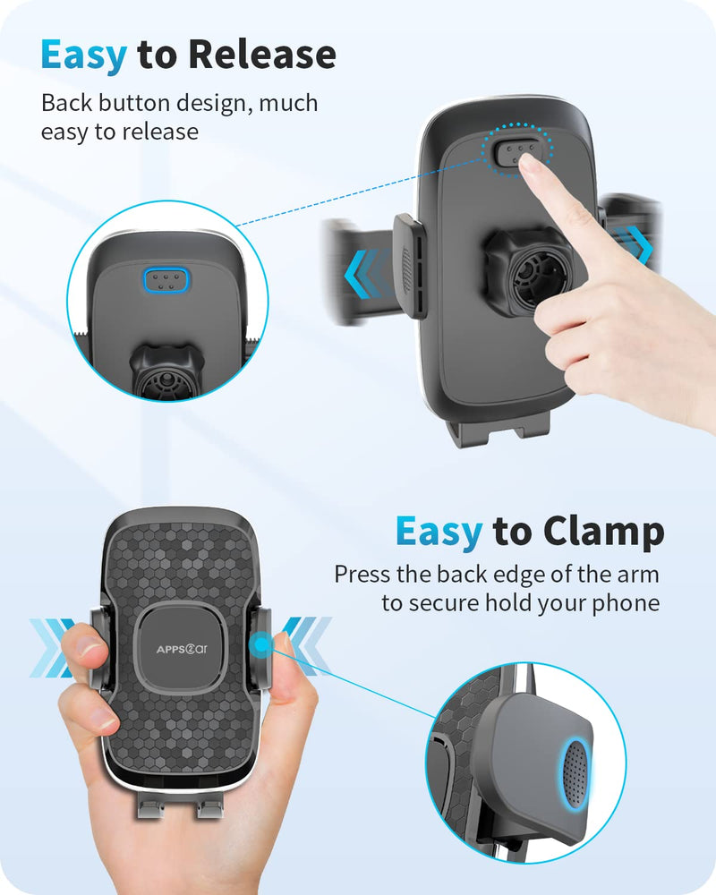  [AUSTRALIA] - APPS2Car Cell Phone Holder Car, Windshield/Dashboard/Window Car Phone Holder Mount, Suction Cup Phone Mount for Car Truck Compatible with iPhone Samsung All Cellphones, Thick Case & Big Phone Friendly