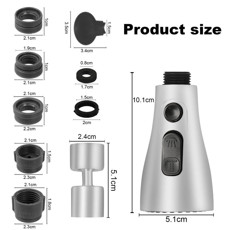  [AUSTRALIA] - Pull Out Kitchen Faucet Shower Head Replacement Kitchen Shower Spray Nozzle Head, Applicable Sizes G1/2 M22/M24, Swivel Faucet Aerator, Shower Head Kitchen Faucet, Faucet Attachment, Silver