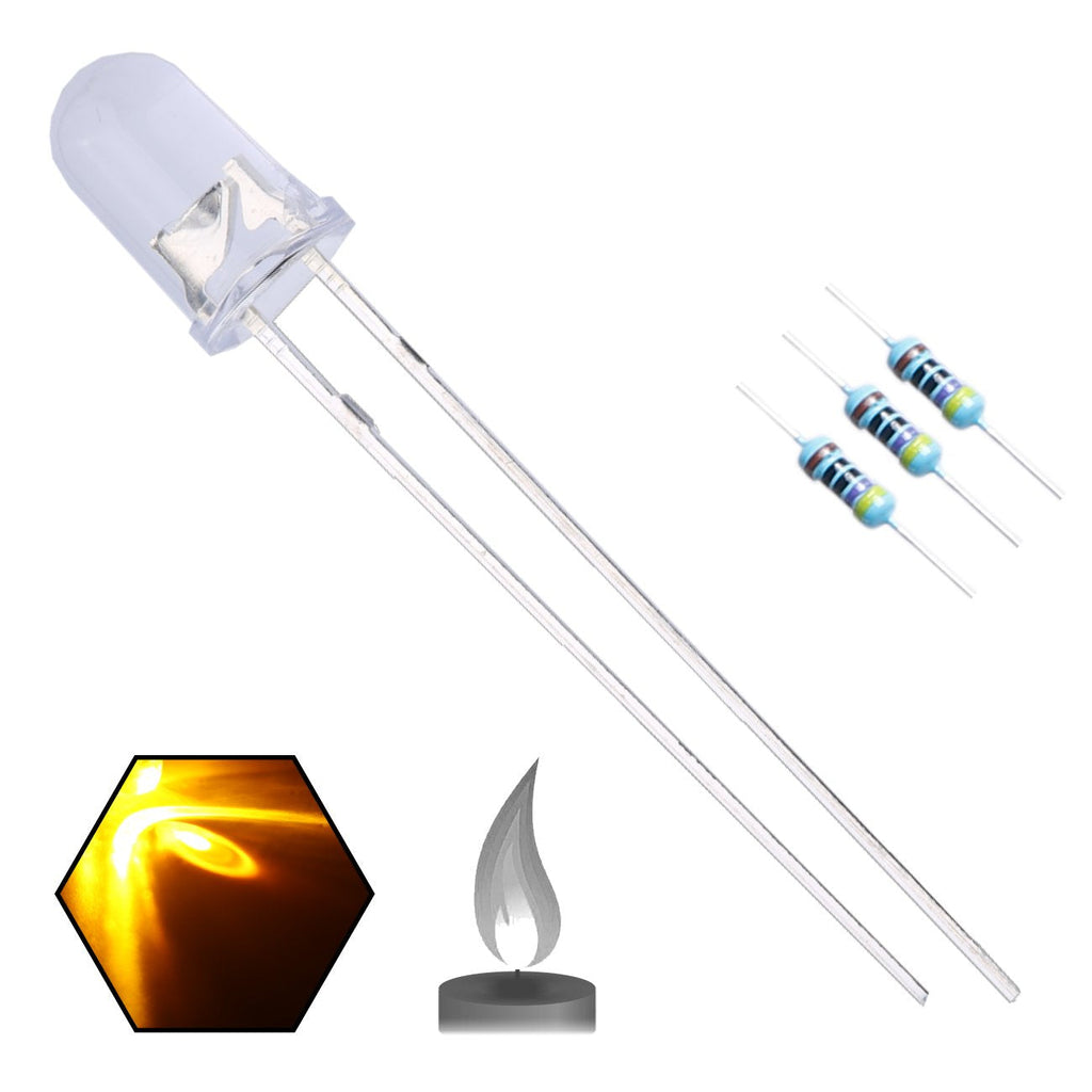  [AUSTRALIA] - EDGELEC 100pcs 5mm Yellow Flicker Flickering LED Diodes Candle Flicking Lights Clear Round Lens 29mm Long Lead DC 2V Light Emitting Diode Lamp Bulb +100pcs Resistors (470ohm for DC 6-12V) Included [F] 5mm Flickering Light [06] Yellow / 100pcs