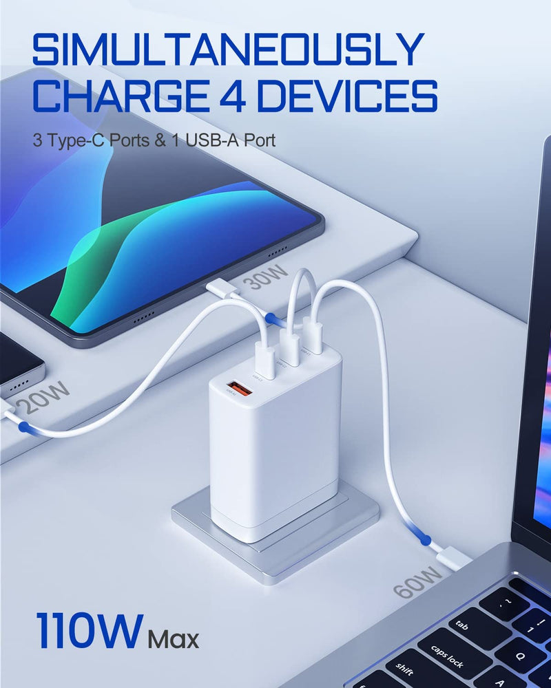  [AUSTRALIA] - USB C Wall Charger, Aergiatech 100W PD PPS GAN Fast Charger 4-Port, Foldable Travel USB C Charger Block, Type C Power Adapter for MacBook, iPad Pro, iPhone, Galaxy S22+/S22 Ultra, Pixel, Laptop, White