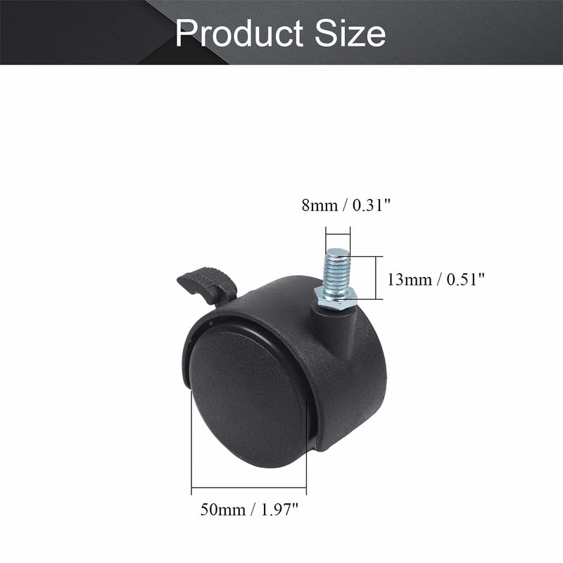  [AUSTRALIA] - MroMax 1.97 inch Wheel Dia PP Swivel Caster Wheels Plastic 360 Degree 8mm x 13mm Threaded Stem Caster Twin Wheel 50mm for Office Chair Commodity Shelf Black Tone with Brake 4Pcs