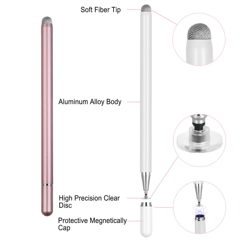 Stylus Pens for iPad, Touch Screens Stylus Pencils High Sensitivity Disc & Fiber Tip Universal Stylus with Magnetic Cap Compatible with iPad, iPhone, Android, Microsoft Tablets(White/Rose Gold) white/rose gold - LeoForward Australia
