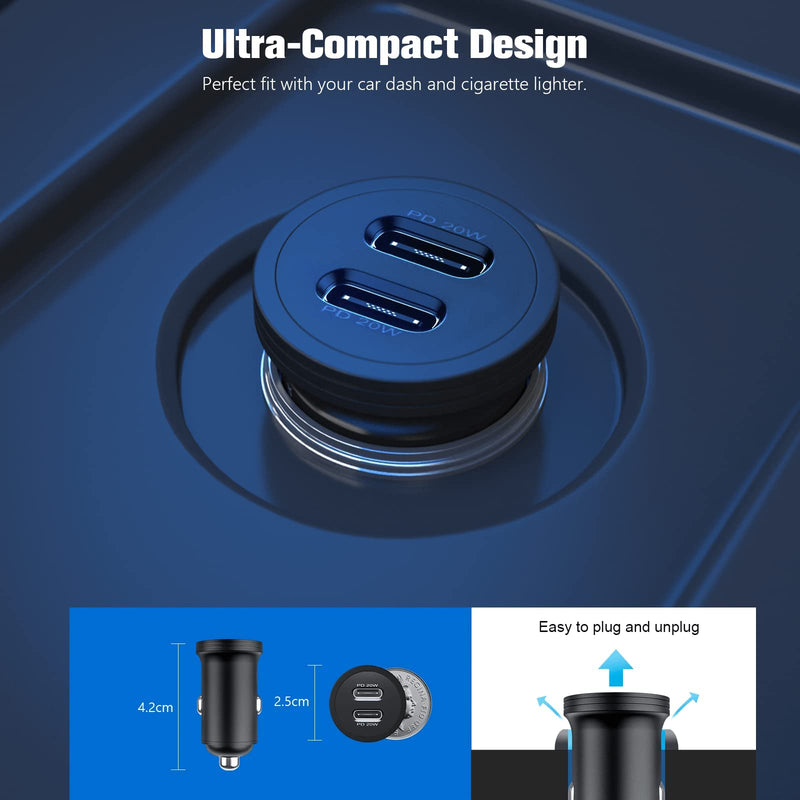  [AUSTRALIA] - USB C Car Charger 40W, iPhone Fast Car Charger Adapter Dual Ports Cigarette Lighter USB Charger, Compatible with iPhone 13/12/12 Pro/11/11 Pro/XS/XR/8, Galaxy, Pixel, Tablet