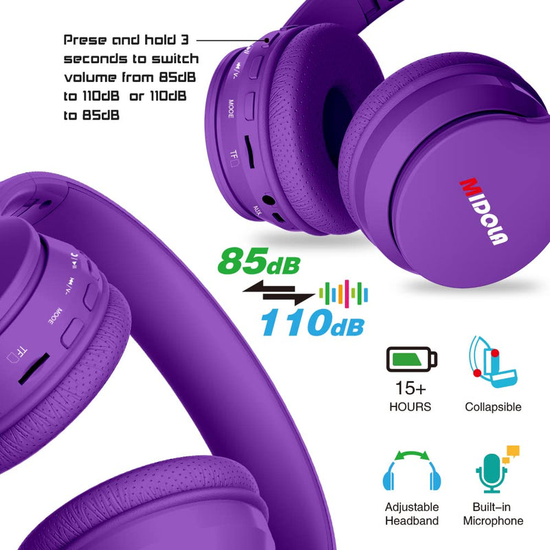  [AUSTRALIA] - Midola Headphones Bluetooth Wireless Kids Volume Limit 85dB /110dB Over Ear Foldable Noise Protection Headset AUX 3.5mm Cord Mic for Children Boy Girl Travel School Phone Pad Tablet PC Purple