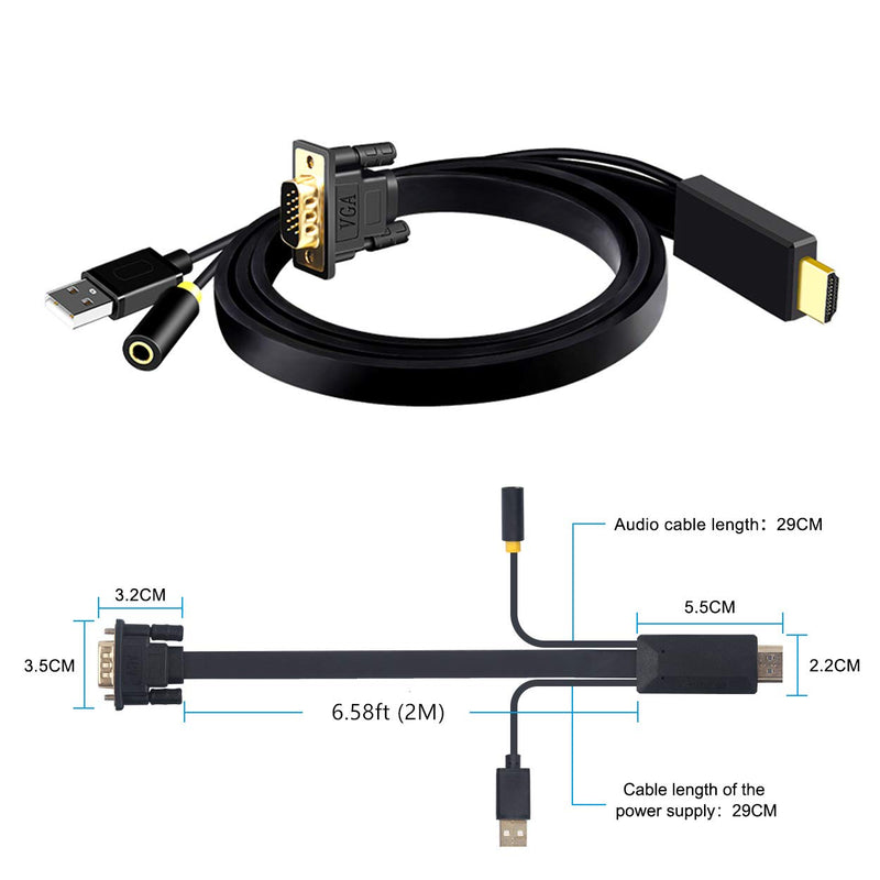 [AUSTRALIA] - AIMOS HDMI to VGA Adapter Cable with 3.5mm Audio Port (Only from HDMI to VGA) Compatible for Computer, Desktop, Laptop, PC, Monitor, Projector, HDTV, Xbox and More - Black Cable 6.58ft HDMI to VGA Cable 6.58ft