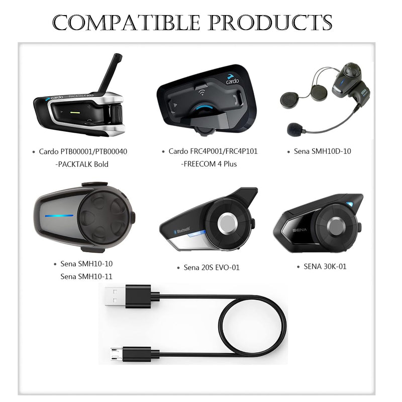  [AUSTRALIA] - Charger Cable for Cardo PTB00001/PTB00040-PACKTALK Bold, FRC4P001/FRC4P101-FREECOM 4 Plus, Sena SMH10D-10, 10-10, 10R, 10-11, 20S-01, EVO, 30K-01, SPH10 Motorcycle bluetooth headset Micro cable