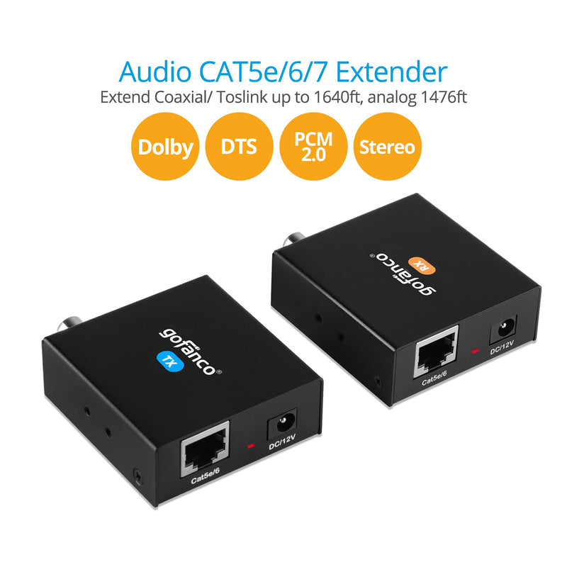  [AUSTRALIA] - gofanco Coaxial/Toslink/Analog Audio CAT5e/6/7 Extender – 1640ft (500m) Extension, Bi-Directional PoC, Up to 5.1-Channel, Supports Analog Stereo and Digital Audio (AudioCATExt500)