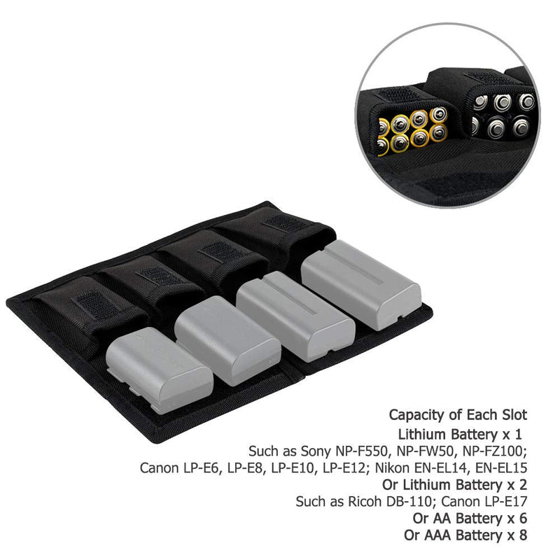  [AUSTRALIA] - Camera Battery Pouch Holder Case for 4 PCS Sony NP-F550 NP-FW50 NP-FZ100 NP-BX1 Canon LP-E6 LP-E8 LP-E10 LP-E12 LP-E17 Fuji NP-W126 Nikon EN-EL14 EN-EL15 with Zipped Pocket to Store SD TF XQD CF Cards 4 Slot+2 Zippered Pockets