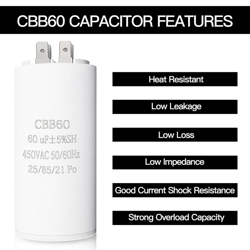  [AUSTRALIA] - 60UF CBB60 Motor Run Capacitor, 450VAC 50/60HZ Cylindrical Capacitor for Motor Run, Washing Machines, Air Conditioners and Water Pumps 60uf