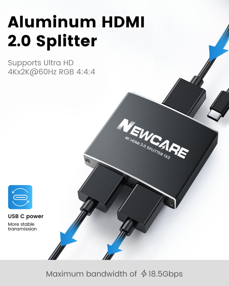  [AUSTRALIA] - 4K@60Hz HDMI Splitter 【with 3.9FT HDMI Cable, NEWCARE HDMI Splitter 1 in 2 Out (Duplicate/Mirror), HDMI Splitter for Dual Monitors Support HDMI2.0b, HDCP2.2,1080P 120hz, 3D, Full HD TV Xbox PS5
