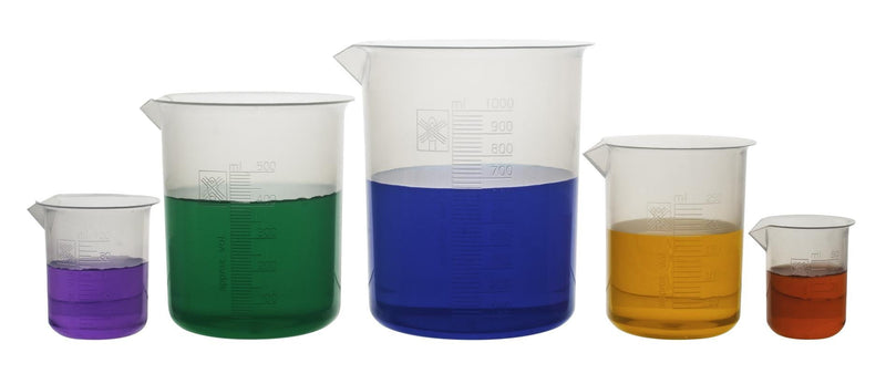  [AUSTRALIA] - 5 Piece Premium Laboratory Plastic Beaker Set, Made of High Clarity Polypropylene with Raised Graduations, 50 mL, 100 mL, 250 mL, 500 mL, and 1000 mL (Autoclavable)