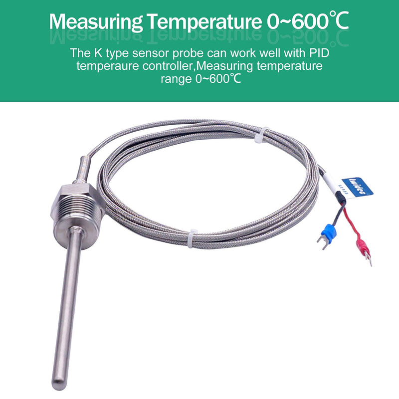  [AUSTRALIA] - Twidec/2M NPT 1/2"inch (6X100MM) Pipe Thread Temperature Sensor Probe Two Wire Temperature Controller (0~600℃) 304 Stainless Steel K Type Thermocouple MT-205-1/2 1/2" 6x100mm