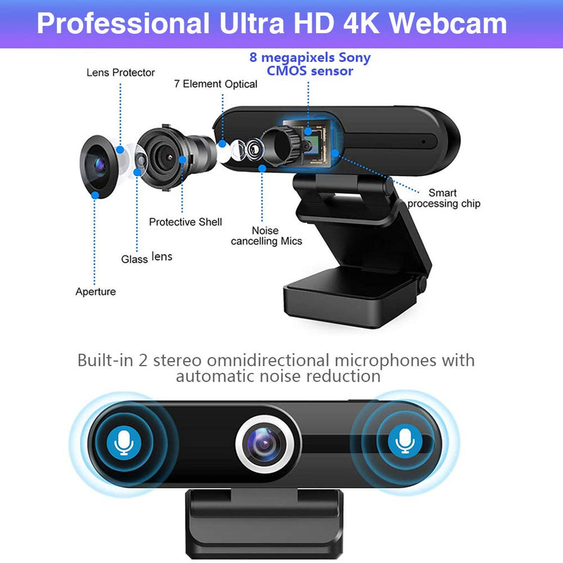  [AUSTRALIA] - HDZIYU 4K Webcam with Microphone, 8MP Laptop PC Desktop Computer Web Camera, USB Ultra HD Webcam with Tripod for Video Calling Recording Streaming Video Conference W8A