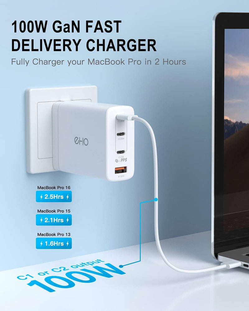  [AUSTRALIA] - USB C Charger, 100W USB-C Power Adapter, Super Fast Charger for Samsung, GaN II Compact & Foldable Versatile Charger, 3 USB C+1 USB Port Charging Block Compatible with MacBook/iPhone/iPad, UL Listed White
