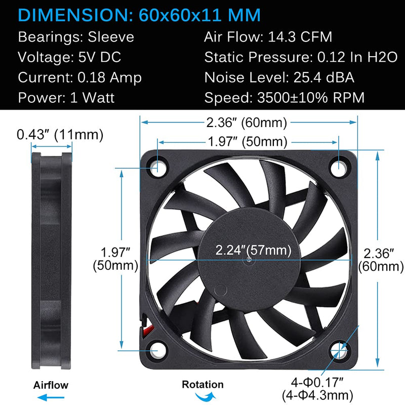  [AUSTRALIA] - GDSTIME 60mm Fan, 5Volt Fan, 60x60x10mm 0.18A Brushless DC Cooling Fan