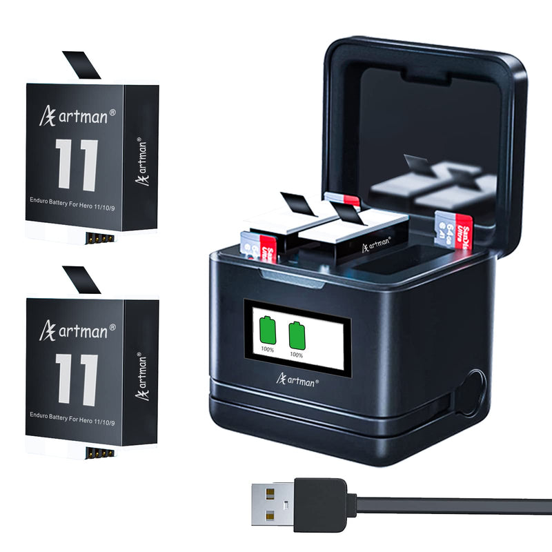  [AUSTRALIA] - Artman Enduro Battery 1800mAh 2-Pack and 3-Channel Intelligent OLED Color Display USB Charger for Gopro Hero 11 Black, Hero 10 Black, Hero 9 Black (Fully Compatible with Gopro Hero 11/10/9 Battery)