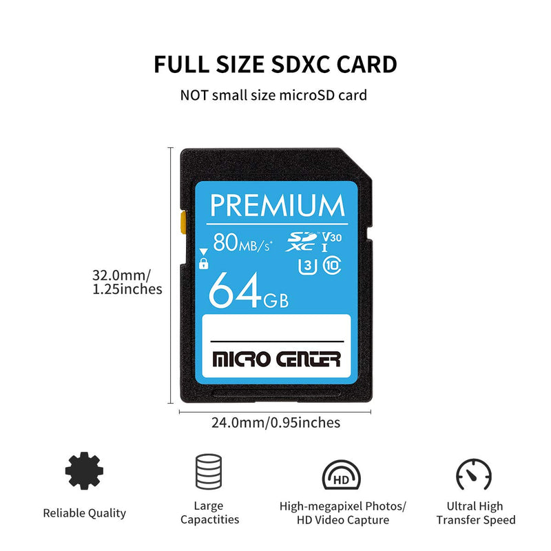  [AUSTRALIA] - Premium 64GB SDXC Card by Micro Center, Class 10 SD Flash Memory Card UHS-I C10 U3 V30 4K UHD Video R/W Speed up to 80/35 MB/s for Cameras Computers Trail Cams (64GB)