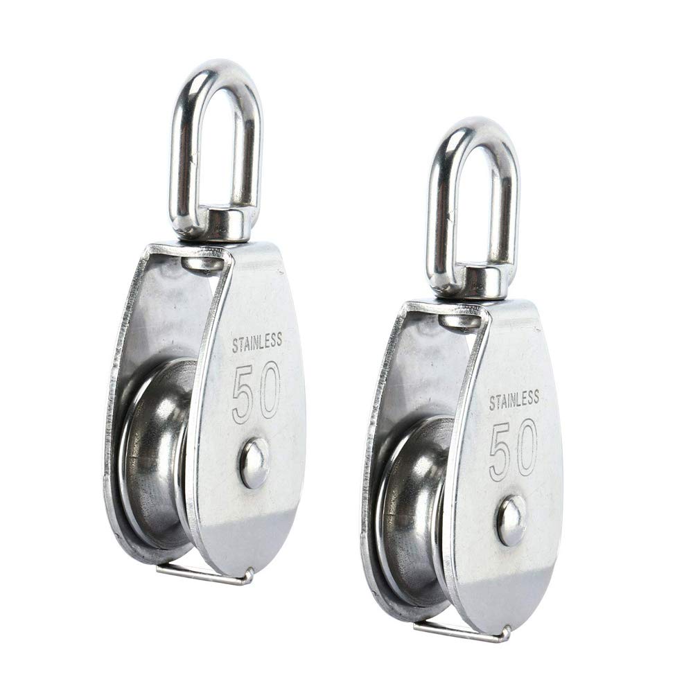  [AUSTRALIA] - 2 Pack M50 Single Pulley Block, Creatiee-Pro Heavy Duty 304 Stainless Steel Pulley Roller Crane Swivel Hook, Wheel Swivel Rigging Lifting Wheel Fixed Pulley for Wire Rope Loading 400kg