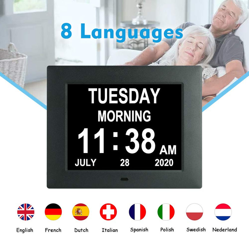  [AUSTRALIA] - 7 Inch Extra Large Non-Abbreviated Day Date & Month Digital Day Calendar Clocks with Auto-Dimming 8 Alarm Reminders Dementia Clock for Senior Elderly impaired Vision 7005 black