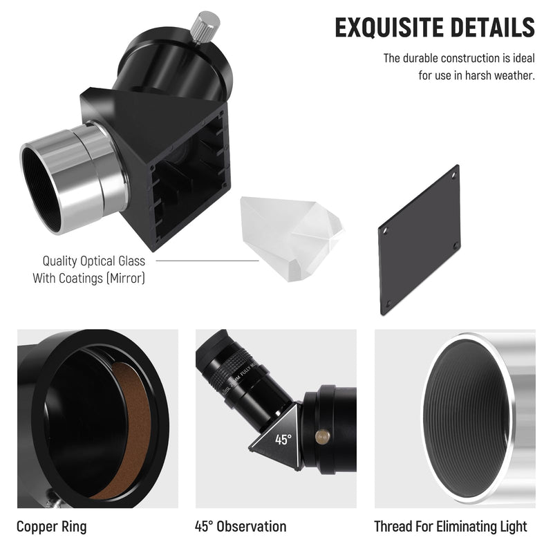  [AUSTRALIA] - NEEWER 1.25in 45 Degree Prism Diagonal for Correct Image, 45° Refractive Optical Prism with 1.25" Eyepiece Adapter and Brass Rings for Astronomical Telescope, LT-T11