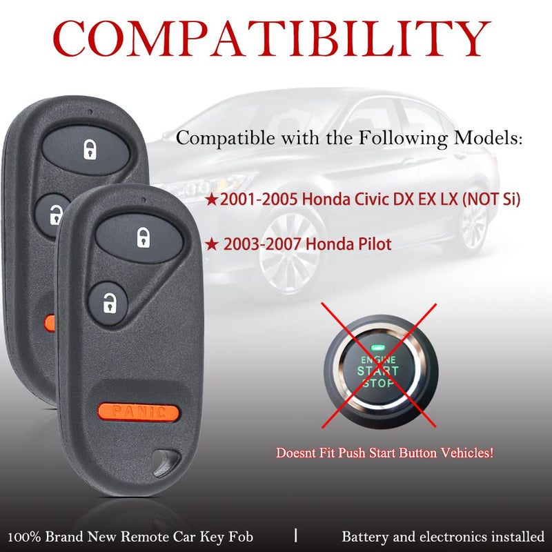  [AUSTRALIA] - Key Fob Remote Replacement Fits for Honda Civic DX EX LX 2001 2002 2003 2004 2005/Honda Pilot 2003 2004 2005 2006 2007 NHVWB1U523 Keyless Entry Remote Control NHVWB1U521 72147-S5A-A01(Pack of 2)