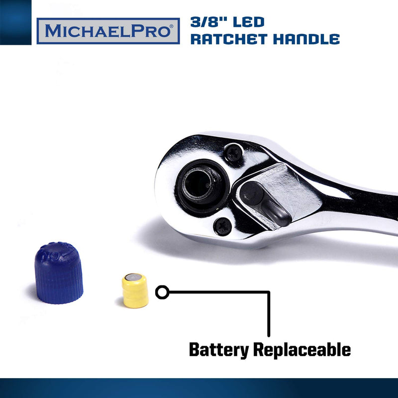 MichaelPro MP001037- 3/8-Inch Drive Socket Ratchet Handle with Patented Built-in LED Flashlight Design,Quick Release,Reversible Ratchet Wrench, 72 Tooth,CR-V Steel and Mirror Polish Finish - LeoForward Australia