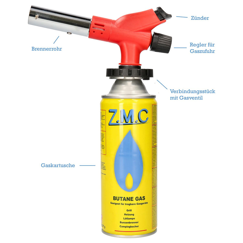  [AUSTRALIA] - ZMC gas burner 1.0kW + 8 gas cartridges 227g, flambé burner up to 1300°C, Bunsen burner soldering burner, kitchen burner with adjustable flame, burner attachment gas burner gas lighter with 8x gas