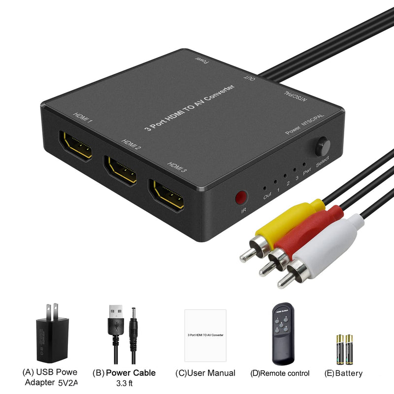  [AUSTRALIA] - Dingsun 3 Port HDMI to RCA Converter, HDMI to AV Adapter for Older TV, HDMI to Composite Converter, for Fire Stick, Roku, PS4, Appler TV, HD Play, PC, DVD Players etc. 3HDMI to AV Converter