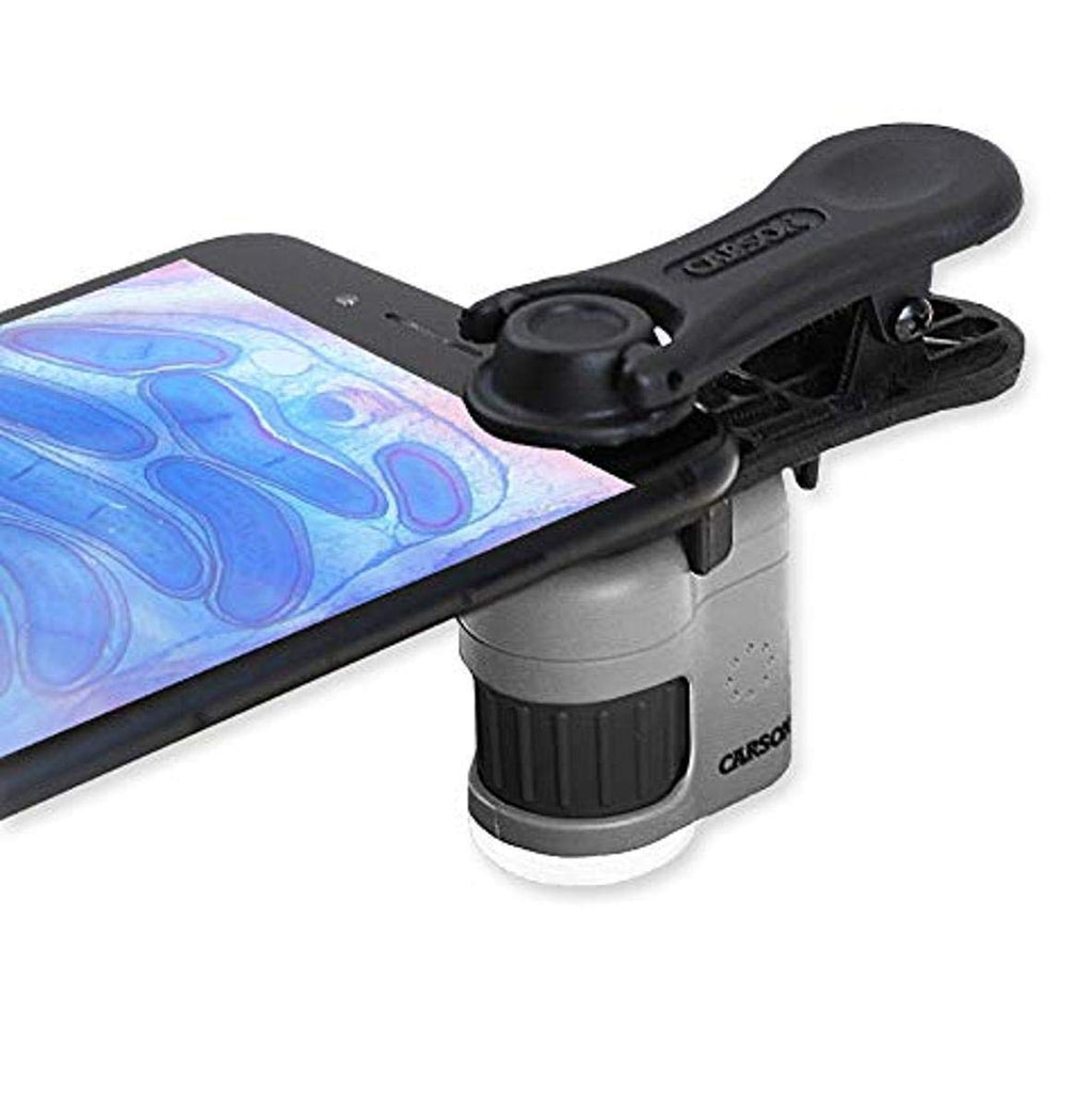  [AUSTRALIA] - Carson MicroMini 20x LED Lighted Pocket Microscope with Built-in LED and UV Flashlight and Universal Smartphone Digiscoping Adapter Clip (MM-380)