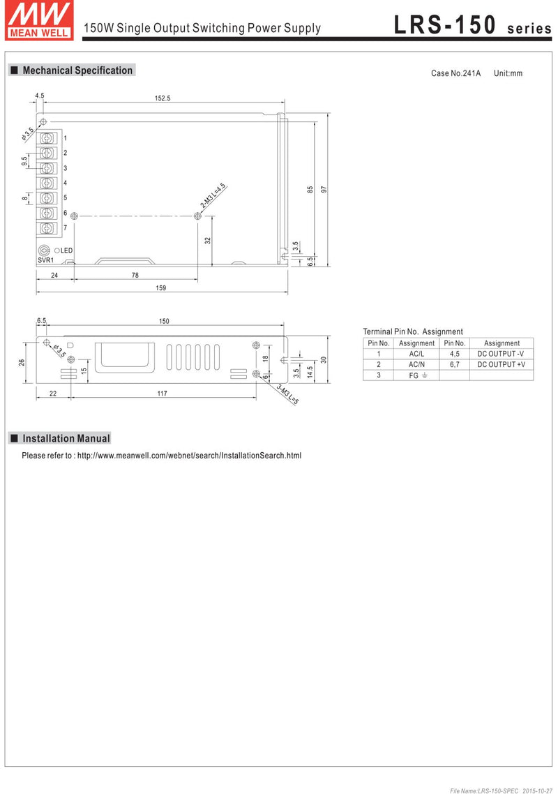  [AUSTRALIA] - Mean Well LRS-150-24 Switching Power Supply, Single Output, 24V, 6.5A, 156W, 6.26" L x 3.82" W x 1.18" H