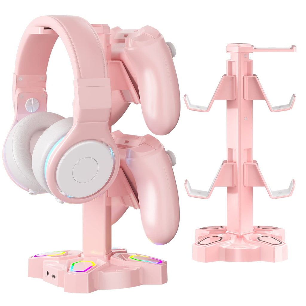  [AUSTRALIA] - KDD RGB Headphone Stand with 9 Light Modes - Rotatable Pink Game Headset Holder with 3.5mm AUX & 2 USB Port - Suitable for PC Desk Accessories Gamers Gift(Pink)