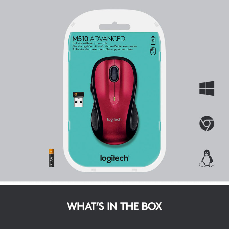  [AUSTRALIA] - Logitech M510 Wireless Computer Mouse – Comfortable Shape with USB Unifying Receiver, with Back/Forward Buttons and Side-to-Side Scrolling - Red