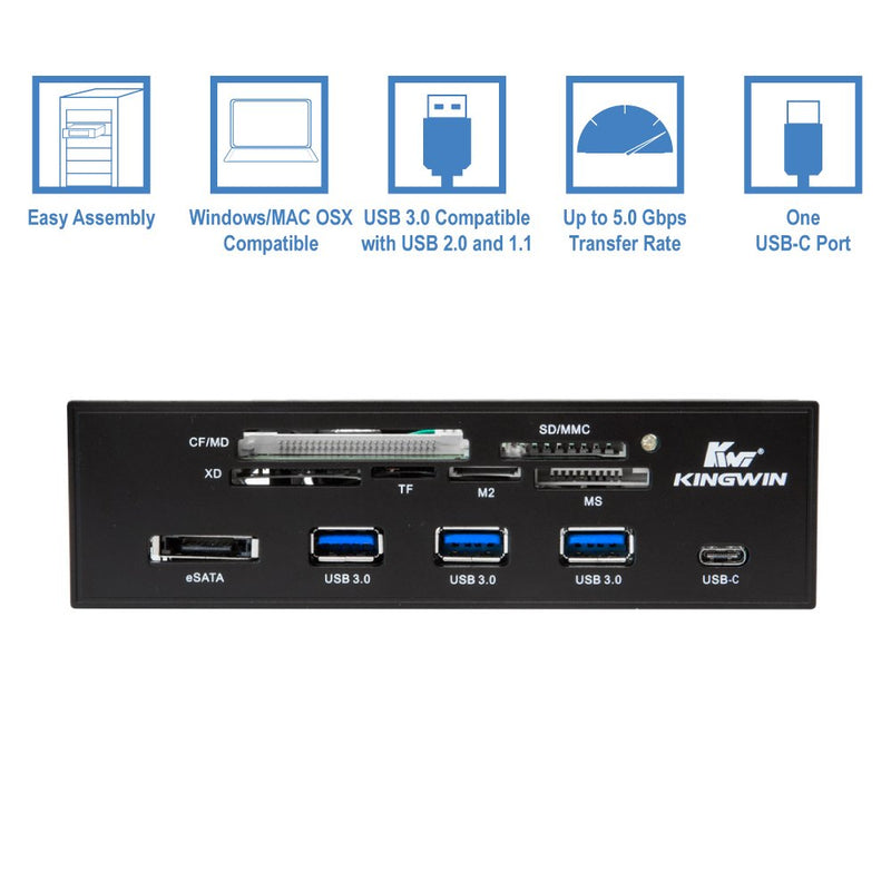  [AUSTRALIA] - Kingwin Powered USB Hub 3.0 w/ 1 USB-C Port, SD Card Reader & Micro SD Card Reader - Sata Power Port w/Lightning Speed Data Transfer Up to 5Gbps - 5.25" Computer Case Front Bay, black (KW525-3U3CR)