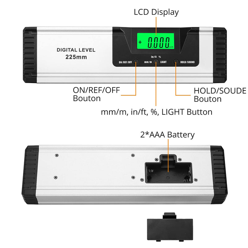  [AUSTRALIA] - Neoteck Spirit Level Digital LCD Spirit Level Magnetic 225 mm Aluminum Protractor with LCD Display, Audio Display, 4 Setting Modes Inclinometer