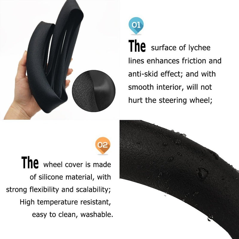  [AUSTRALIA] - Direct Black Silicone Auto Car Steering Wheel Cover 13” -15”, with 4 pcs Air Vent Hook