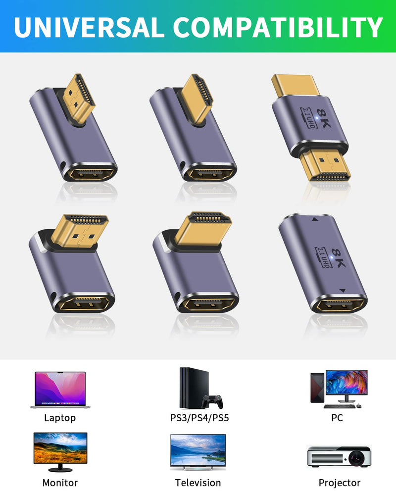  [AUSTRALIA] - Duttek 8K HDMI Adapter (6 Pack), 48Gbps HDMI to HDMI Adapter, UHD HDMI 2.1Up&Down, Left&Right, HDMI Male to Male, HDMI Coupler and Male to Female Extender Support 8K@60hz Video with LED Working Light 6 Style HDMI Adapter