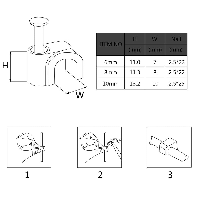  [AUSTRALIA] - White Cable Clips Nails, Wire Nail Clamps Cable Staples for Ethernet Cable RG6 RG59 CAT5 CAT6 RJ45 TV (300 Pieces, 6 mm/ 8 mm/ 10 mm) 300 Pieces