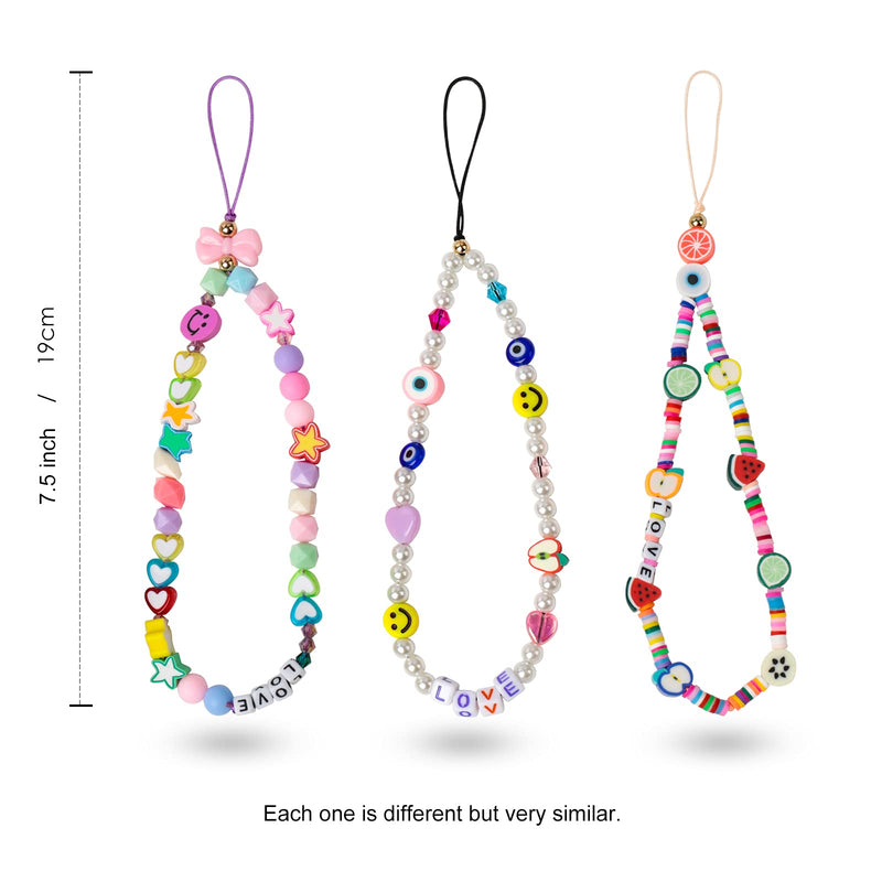  [AUSTRALIA] - 3 Pieces Smiley Face Beaded Phone Lanyard Wrist Strap Fruit Star Letter Pearl Handmade Rainbow Polymer Clay Acrylic Beads Pearl Bracelet Keychain for Women Girls Phone Accessory