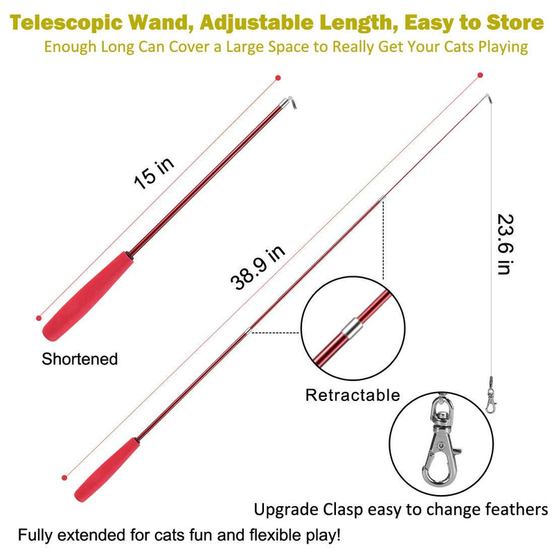 MeoHui Interactive Cat Feather Toys, 2PCS Retractable Cat Wand Toy and 9PCS Squiggly Worm Feathers Teaser Refills, Cat Toys for Indoor Cats Kitten Play Chase Exercise Basic - LeoForward Australia