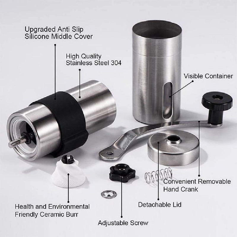  [AUSTRALIA] - Manual Coffee Grinder, Portable Hand Coffee Grinder with Adjustable Setting, Conical Burr Mill Stainless Steel Coffee Grinder for Drip Coffee, French Press, Press Used in Home and Travel (304 stainless steel) 304 stainless steel