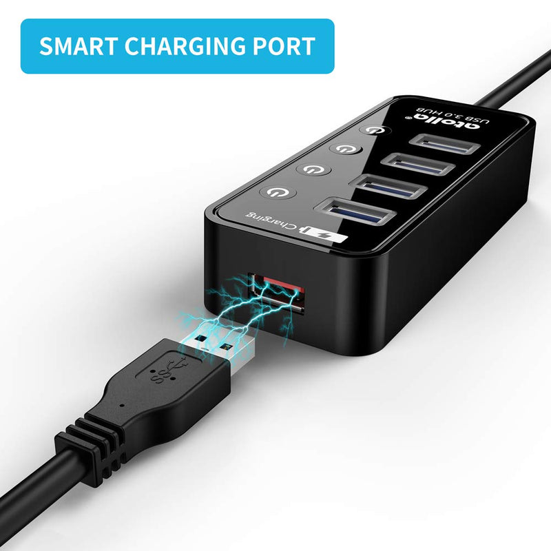  [AUSTRALIA] - USB 3.0 Hub, atolla 4 Ports Super Speed USB 3 Hub Splitter with On Off Switch with 1 USB Charging Port (Cable Length 2 Feet, No AC Adapter) (4-Port hub)