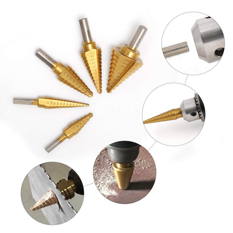  [AUSTRALIA] - COMOWARE Step Drill Bit Set & Automatic Center Punch- Unibit, Titanium Coated, Double Cutting Blades, High Speed Steel, Short Length Drill Bits Set of 5 pcs, Total 50 Sizes with Aluminum Case 6 Pcs Titanium