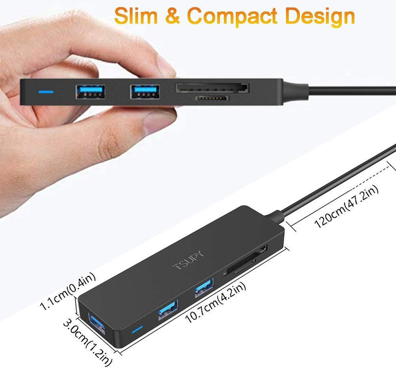 TSUPY USB 3.0 Hub Multi USB HUB with 4ft/48inch Extended Cable, SD/TF Card Reader & 3 USB 3.0 Ports Compatible for PC, Laptops, Surface Pro, MacBook, Mac Mini, iMac Pro - LeoForward Australia