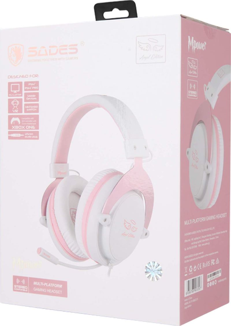 SADES MPOWER Stereo Gaming Headset for PS4, PC, Mobile, Noise Cancelling Over Ear Headphones with Retractable and Flexible Mic & Soft Memory Earmuffs for Laptop Nintendo Switch Games-Angel Edition Pink - LeoForward Australia